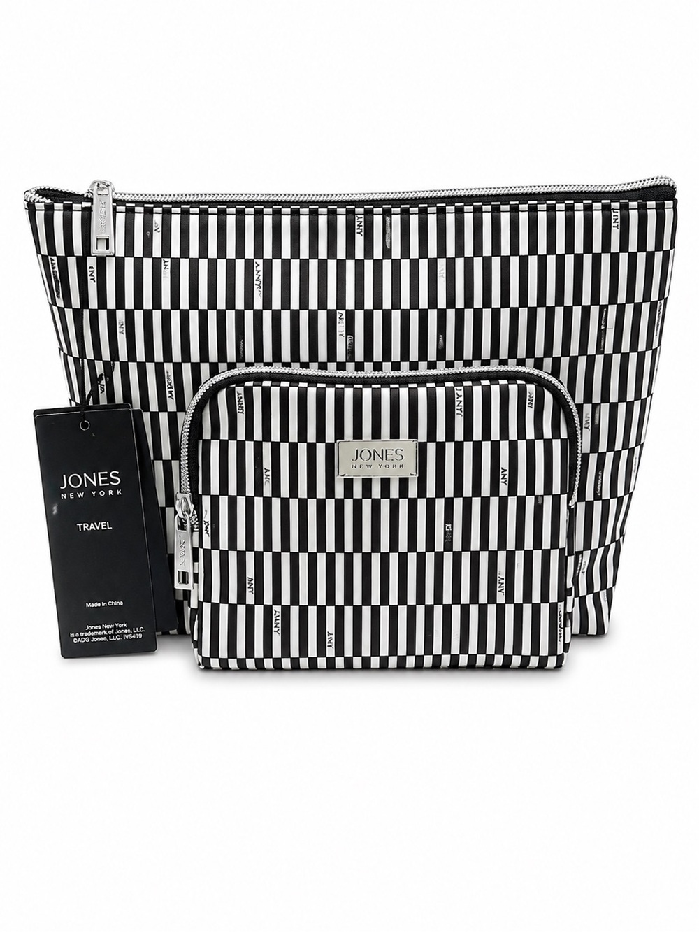 Jones New York Black and White Striped Travel Pouch + Travel Bottle